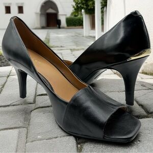 Calvin Klein Nareen Square Peep Open Toe Gold Accent Classic Leather Heels Black